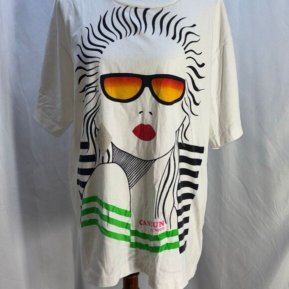 Vtg 1980s/90s Cancun t shirt XL woman sunglasses Neon Beach SIng Stitch Mariachi - Picture 1 of 10